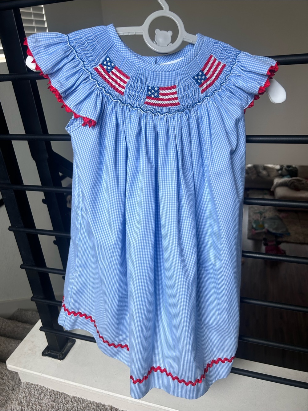 Stitchy Fish Smocked Blue Gingham Dress with Flag Embroidery